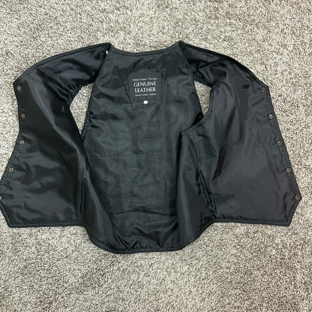 Navarre Leather Co Mens L Black Genuine Leather Vest Italian Stone Design Biker